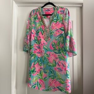 Lilly Pulitzer Elenora Silk Dress with Pearl Neckline